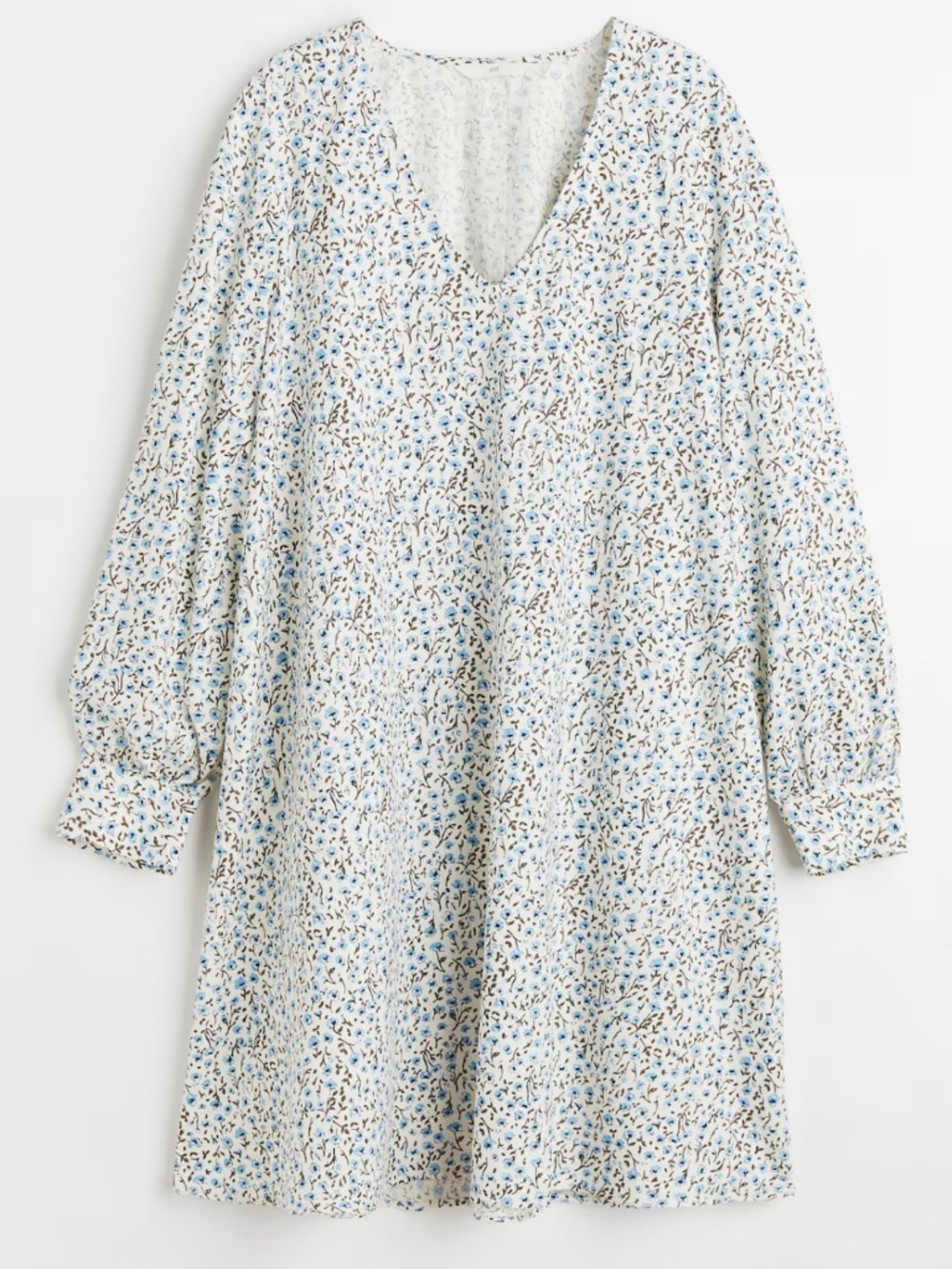 H&M A Line Long Sleeve V Neck Blue and White Ditsy Floral Flowy Dress S NWOT